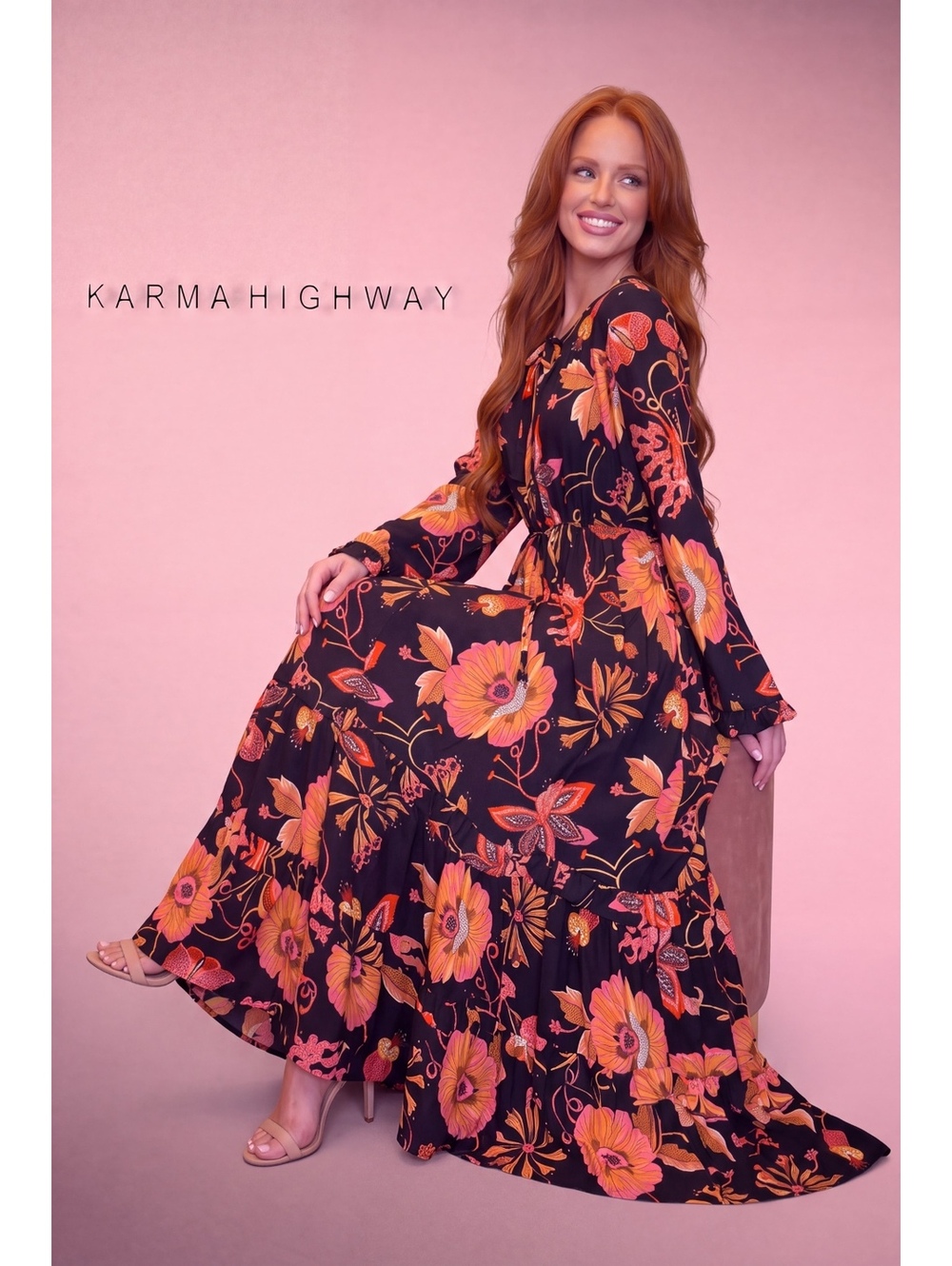 Karma Highway Boho Floral Tiered Button Down Maxi Dress One Size NWT